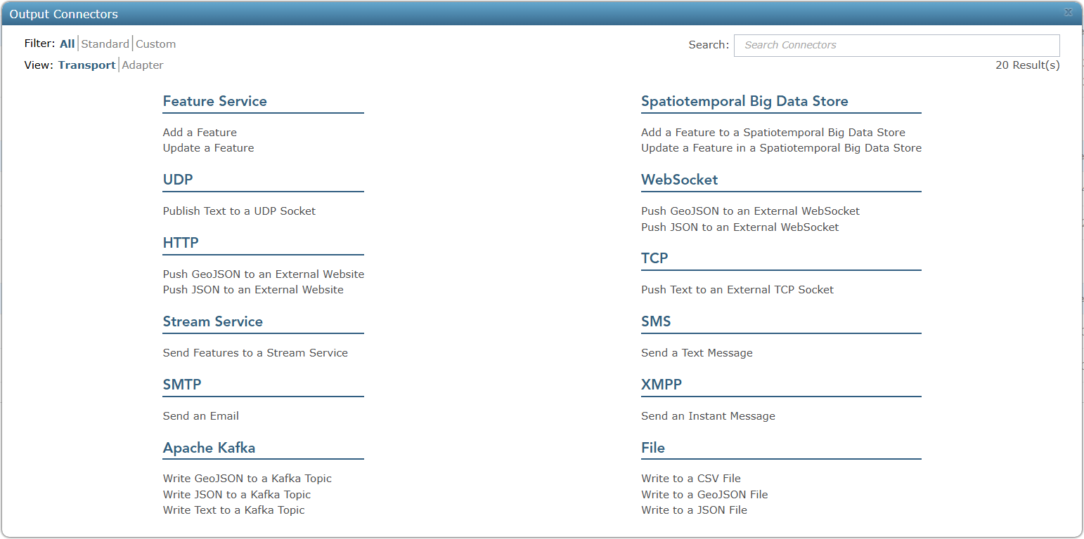 Example output connectors available in GeoEvent Server Example output connectors available in GeoEvent Server