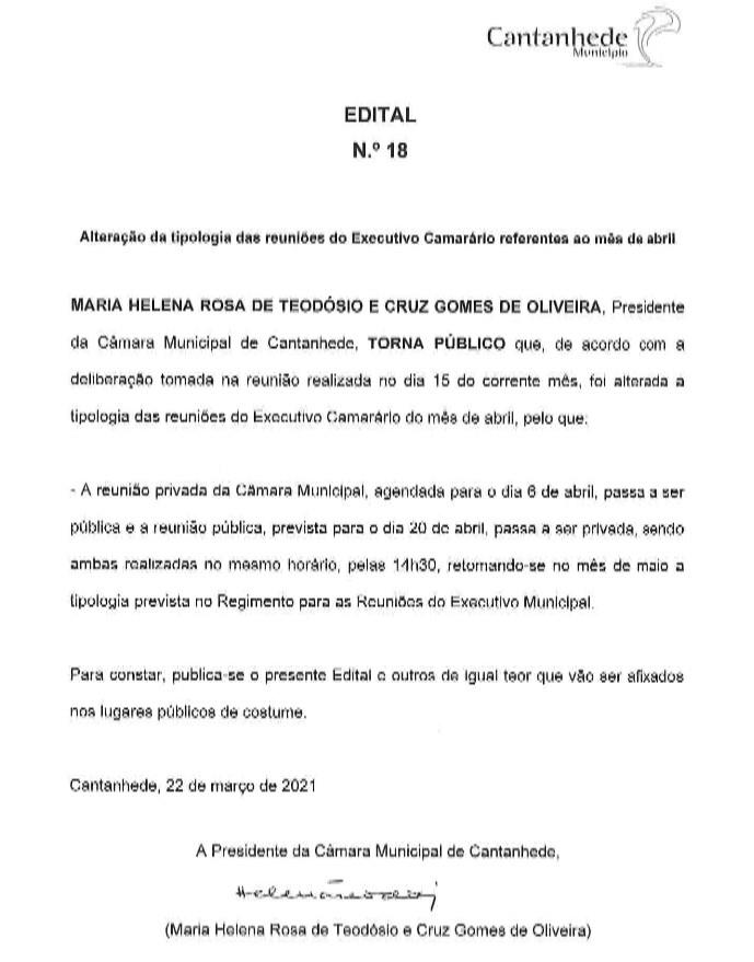 Edital Nº18 - Reuniões de Câmara Abril